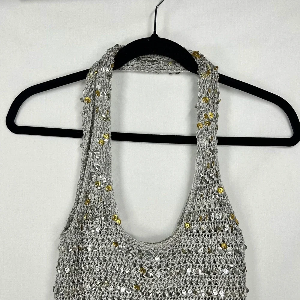 Vintage Y2K Silver Sequin Knit Open Mesh Shoulder Bag Metallic Crochet Hobo Tote